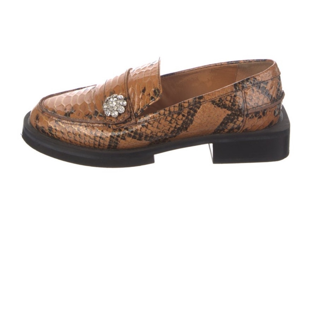 GANNI Brown Snake Print Loafers with Crystal Detail